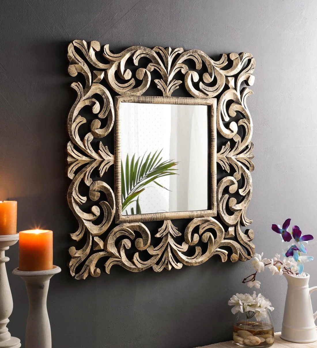 Mango Wood Square Wall Mirror In Gold Colour